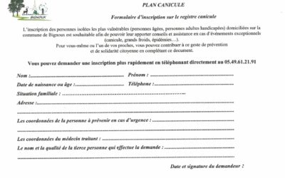 PLAN CANICULE: Formulaire d’inscription sur le registre canicule à la Mairie de Bignoux.